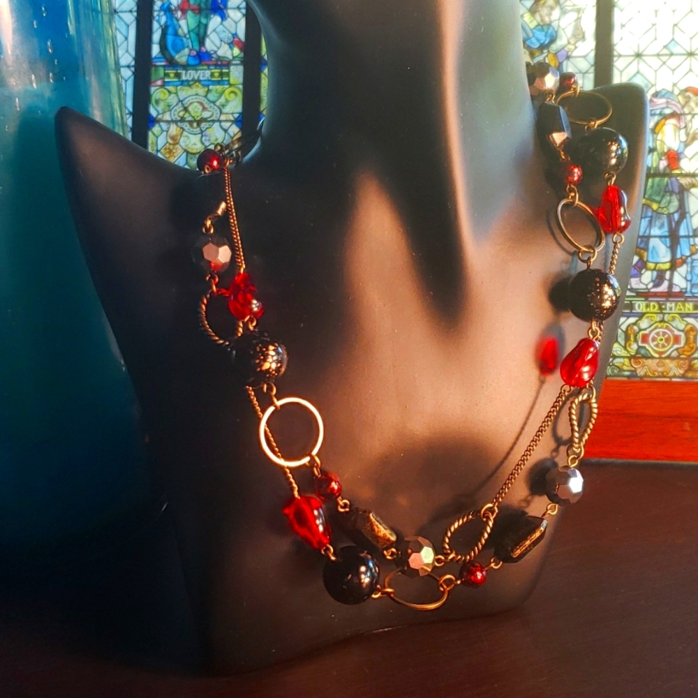 LIA SOPHIA "Adobo" Red and Black Beaded Necklace - Retired